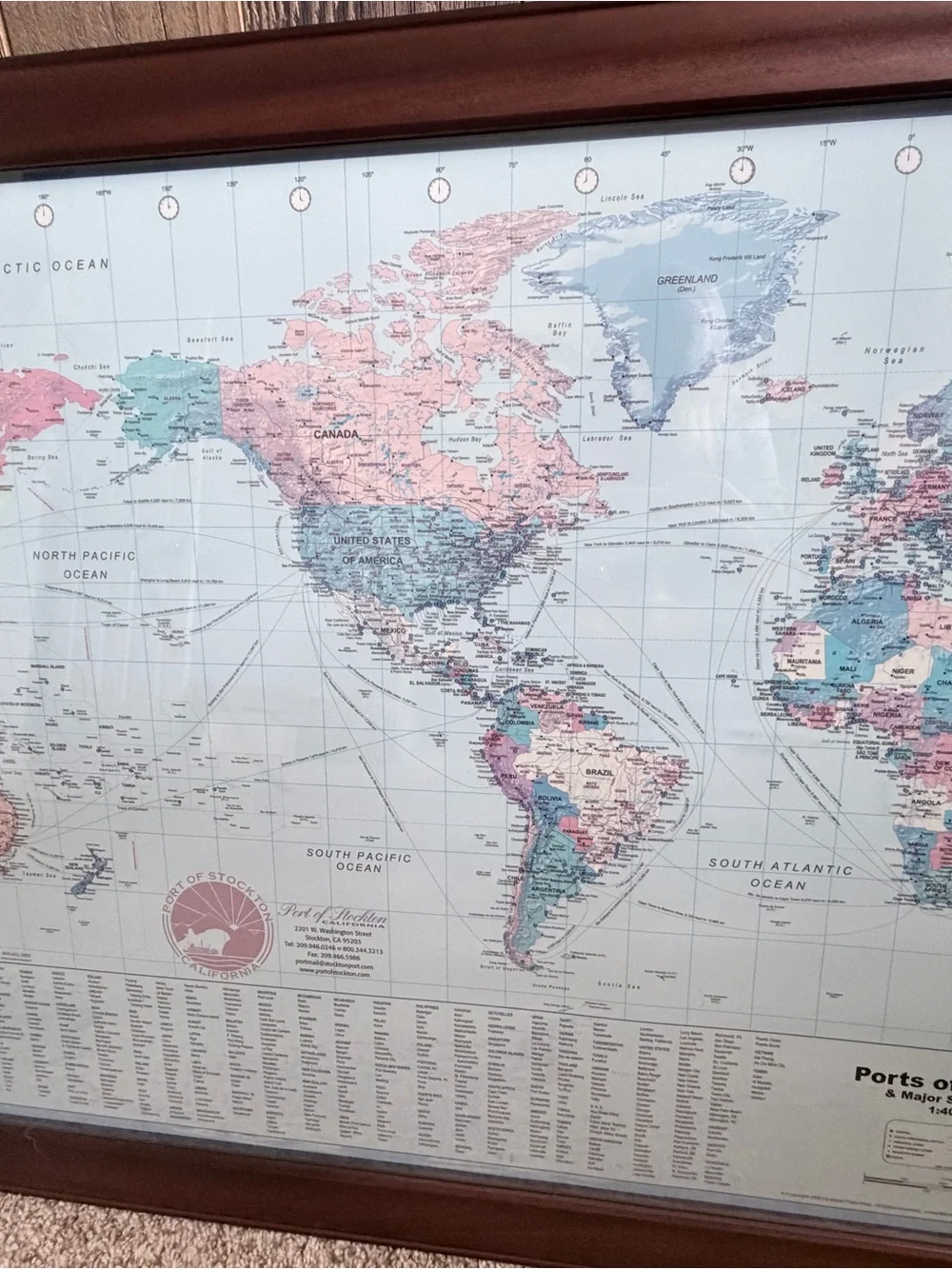 Framed World Map Wall Art in Teal and Pink